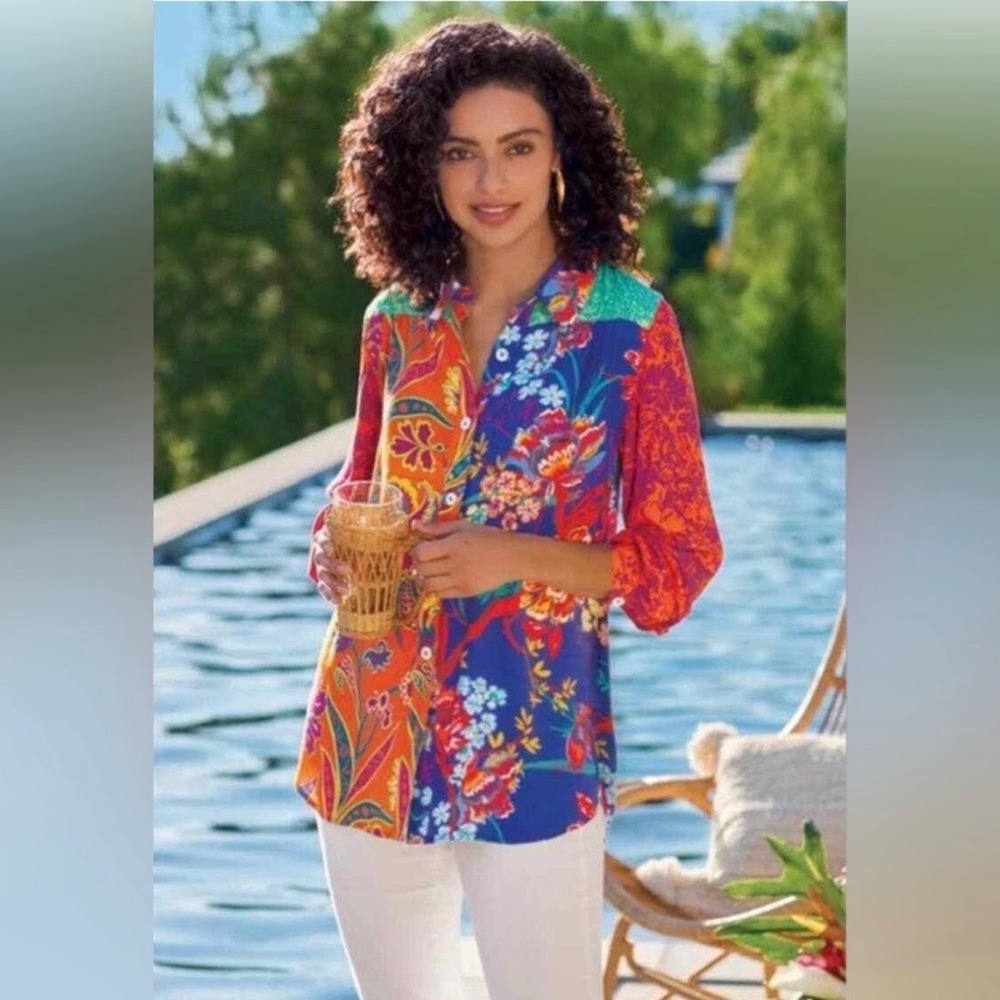 Soft Surroundings Hermosa Tunic Top Large Boho‎ Floral Patchwork Embroidered - Picture 6 of 7